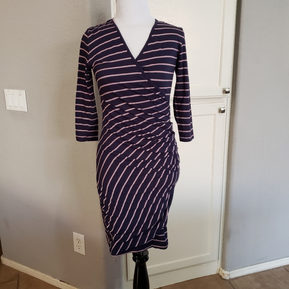 Sundry Navy Striped Fabian Ruched Jersey Knit 3/4 Sleeve Shirt Dress Size XS